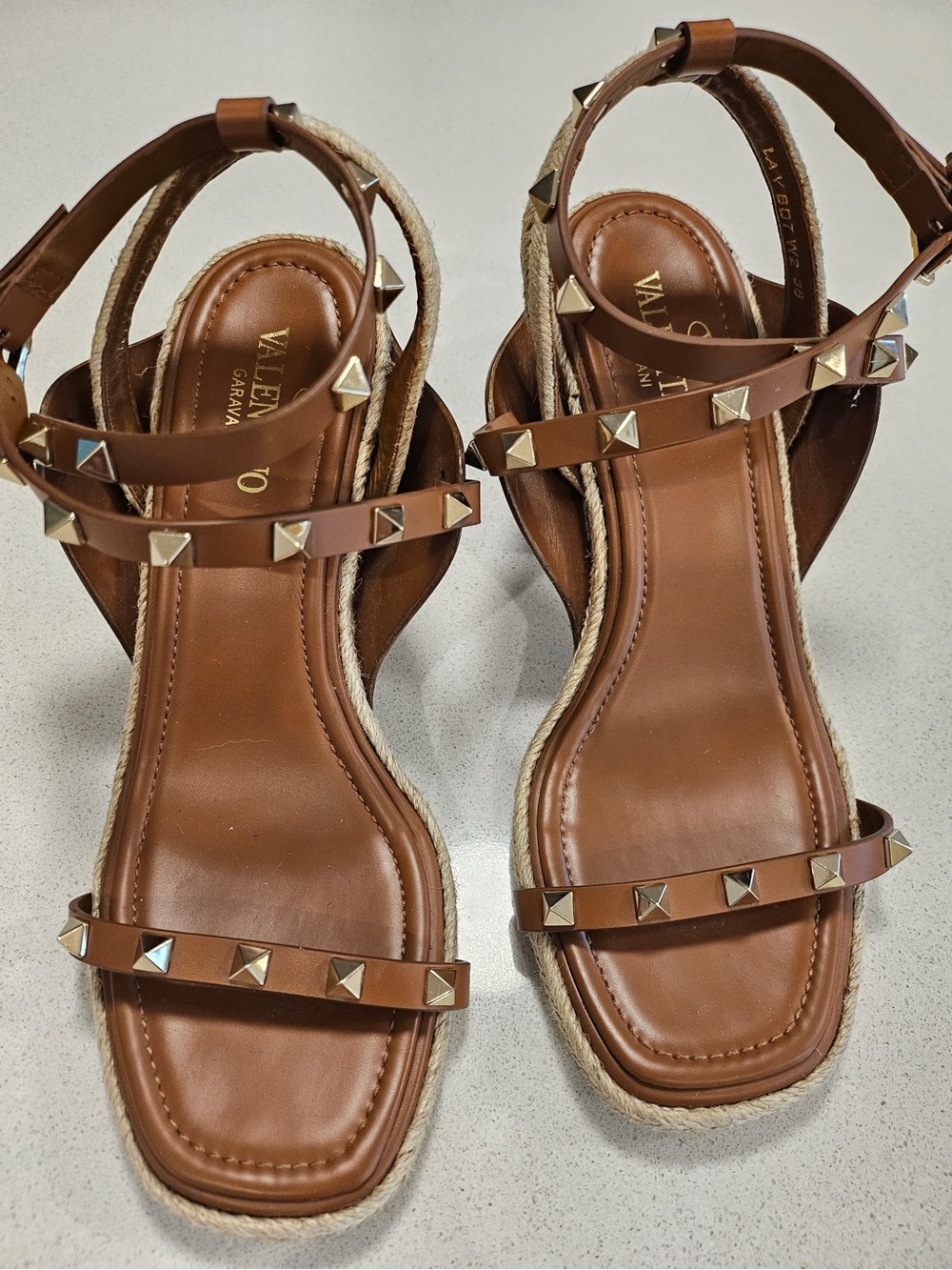 Valentino Garavani Brown Leather Rockstud Espadrille Sandals